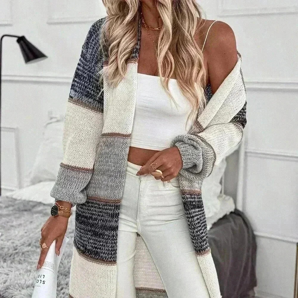 Multicolor Casual Women's Patchwork Loose Dual Pocket Long Cardigan